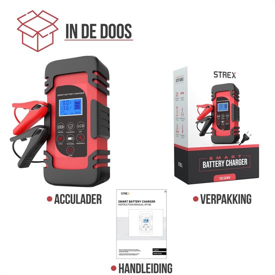 Strex Acculader - 12/24V 4/6/8A - Reparatiemodus - Voor Auto / Motor / Scooter / Boot / Camper