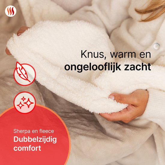 Seranova Elektrische Bovendeken XXL - 180x160 cm - 2 persoons Elektrische Deken - Warmtedeken - Dubbelzijdig Fleece Sherpa - Crème beige