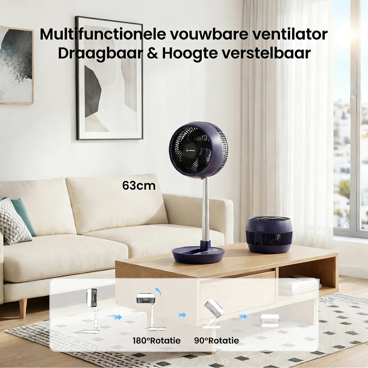 Airmate Opvouwbare Luchtcirculator Ventilator - Stil 32 dB - DC Motor - Afstandsbediening - 280x280x215 mm