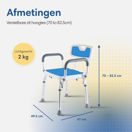 SafeLife – Douchestoel Met Rugleuning – In 6 Hoogtes Verstelbaar & Anti-slip Poten – Voorzien Van Gevoerd Zitvlak En Afneembare Armleuningen – Voor Ouderen En Revalidatie – Wit Aluminium