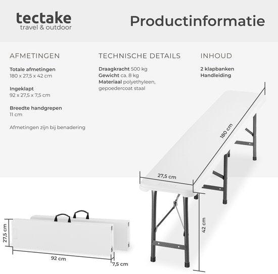 tectake® Set van 2 Inklapbare Bankjes - Tuinbankjes - 8 Personen - Bierbank - Draagbare Banken voor Campingtafel - Biertafel - Picknicktafel - Tuintafel - 500kg Draagkracht per Bank - Wit