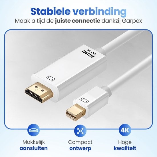 Garpex® Mini DisplayPort naar HDMI Kabel - Mini DP naar HDMI Kabel - HDMI Kabel - 4K 30Hz Ultra HD - Wit - 1.8 meter