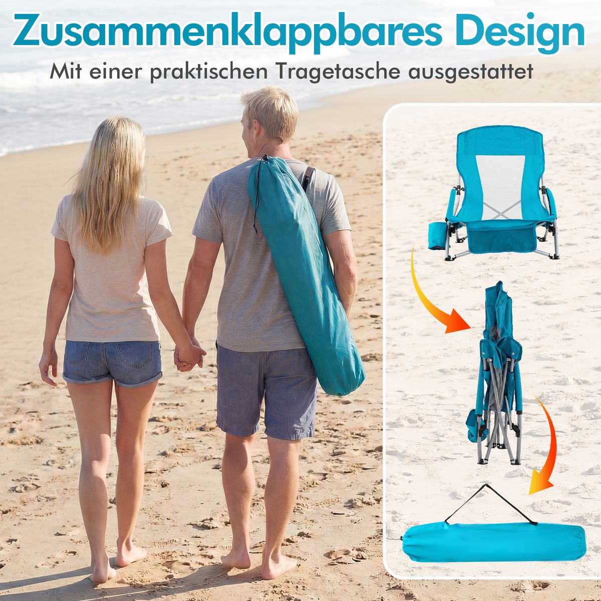 Coast Opvouwbare Strandstoel - ademend netstof - met armleuningen en bekerhouder - blauw