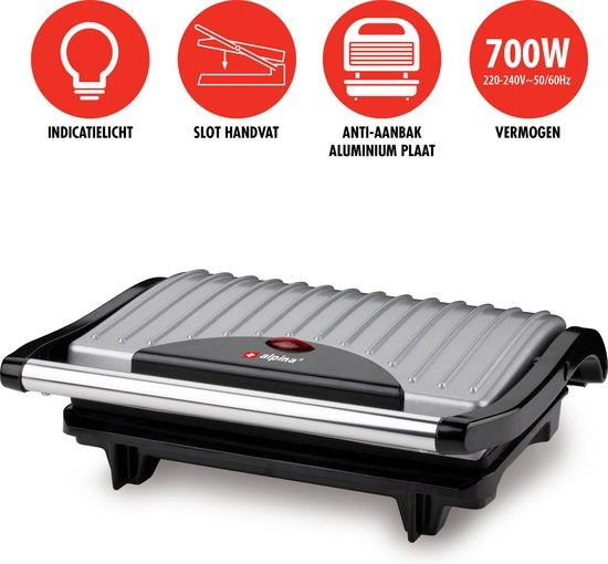 alpina Contactgrill - Tosti Apparaat - Anti-Aanbaklaag - 700W - RVS/Zwart