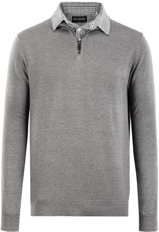 Milanoro - Herenpullover met overhemdkraag en halve rits - Grijs - XXL