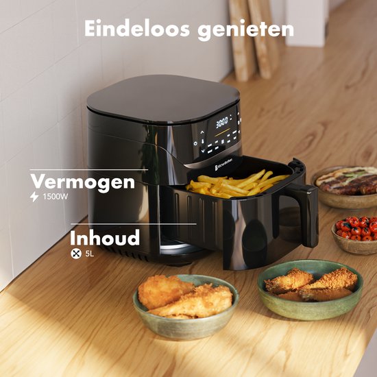 KitchenBrothers Airfryer XL - 5L - 1500W - Heteluchtfriteuse - 80ºC tot 200ºC - 8 Kookprogramma's - Zwart