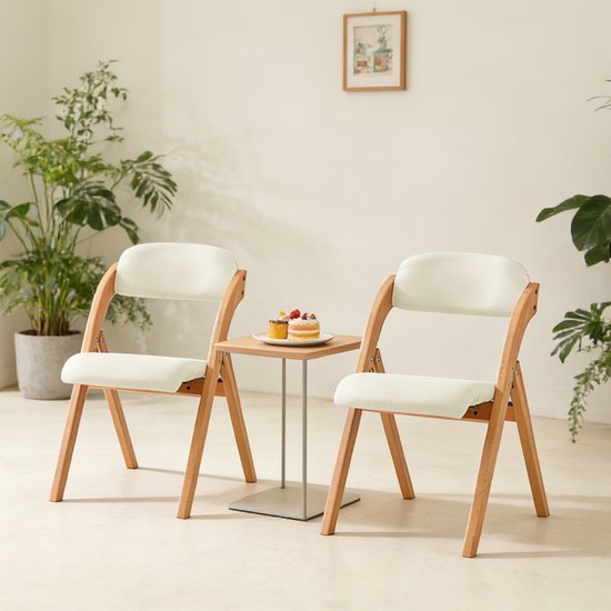 SoBuy Set van 2 Klapstoel, Bureaustoel met Gestoffeerd Zitkussen, Eetkamerstoel, Natuur/Wit, 47.5x77x59 cm, FST92-Wx2 - voor eetkamer, balkon of kantoor