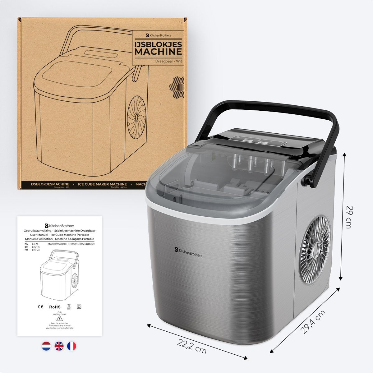 KitchenBrothers IJsblokjesmachine - 1.2L - 7-10 min. - 12kg/24u - RVS