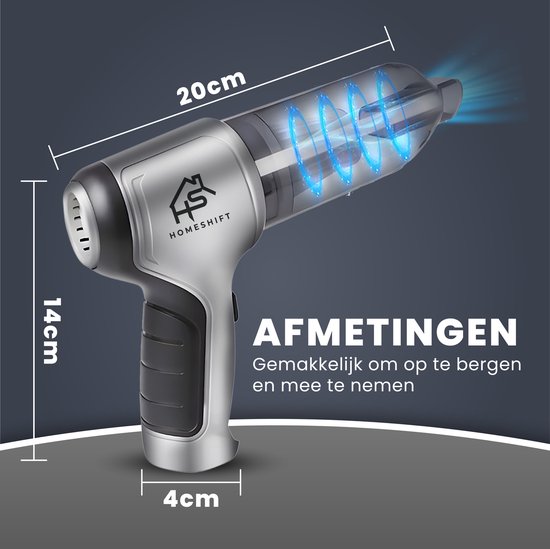 HomeShift® Auto Stofzuiger Draadloos V2 PRO - Kruimelzuiger - Handstofzuiger - Kleine Stofzuiger - Draadloze stofzuiger - Air Duster - Nat & Droog - Metallic