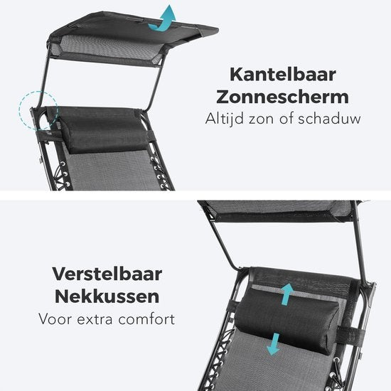 LifeGoods Opvouwbare Tuinstoelen - met Luifel - Verstelbaar Zonnescherm - 2 Stuks - 30°-90° Verstelbaar - Metaal - Zwart