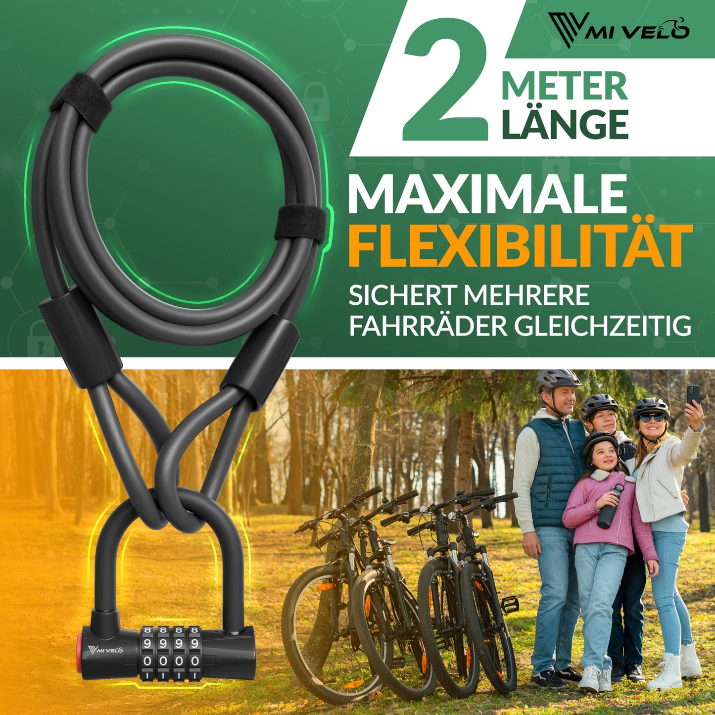 MIVELO kabelslot - fietsslot met cijfercode - 200 cm stalen kabel - 4 cijfer combinatie