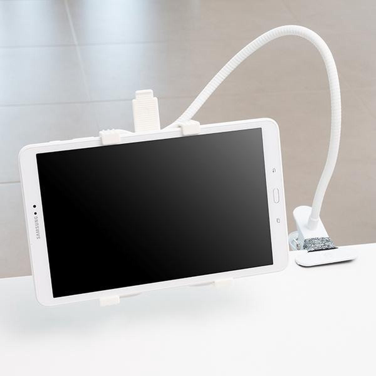 Tablet Houder met aanpasbare Steun - met tafelklem - Wit of Zwart