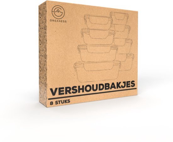 Organess Meal prep bakjes - Vershoudbakjes - Diepvriesbakjes - 8 Delige set - BPA vrij - Glas - BPA vrije deksel