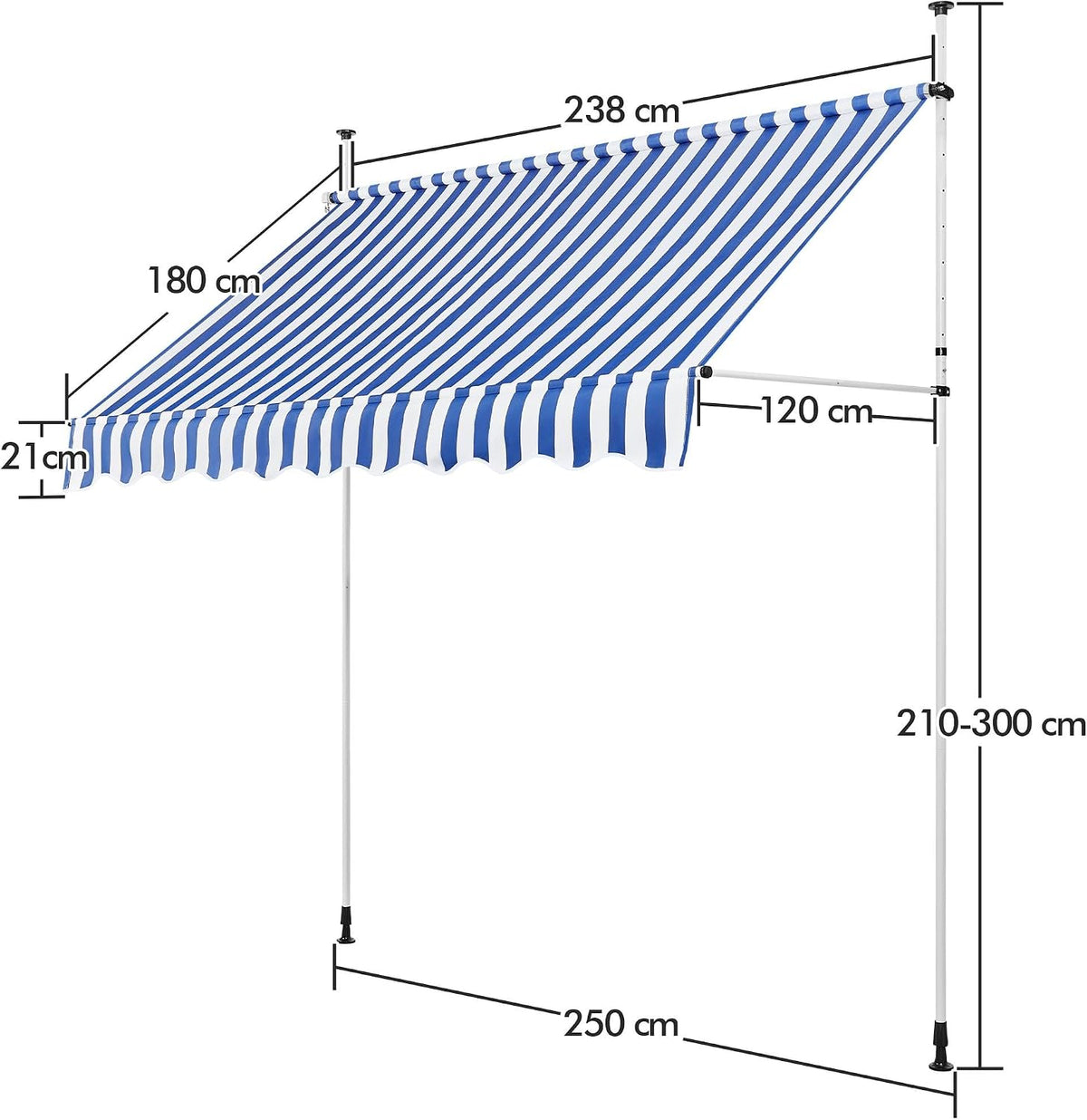 Yaheetech Balkonmarkise - Klemmmarkise met Handkurbel 250 cm - Höhenverstellbar - Blauw-Wit