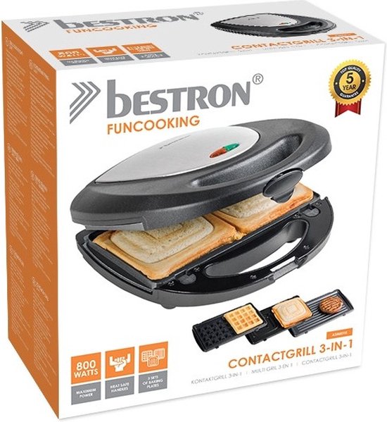 Bestron Tosti apparaat - ASM8010 - 760W - 3-in-1 Tosti's, wafels en grillen - Anti aanbaklaag - Grijs - 5 jaar garantie