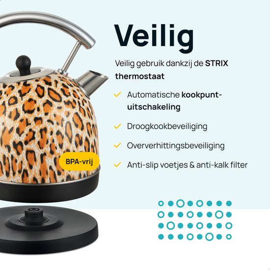 MOA Waterkoker Retro - 1,8 Liter - Elektrische Waterkoker - BPA-vrij - Anti Calcium Filter - RVS - 2200W - Panterprint