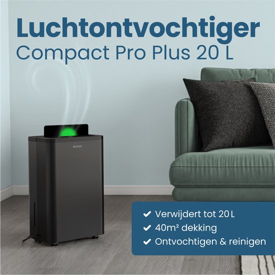 Auronic Luchtontvochtiger en Luchtreiniger - Compact Pro Plus - 20L - Slaapkamer, Badkamer, Woonkamer en Kantoor - Vochtvreter voor in Huis - Zwart