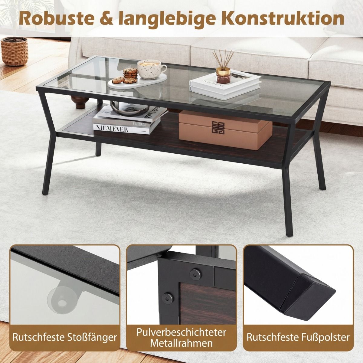 Coast Salontafel rechthoekig - gehard glazen blad - metalen onderstel - grijs en zwart