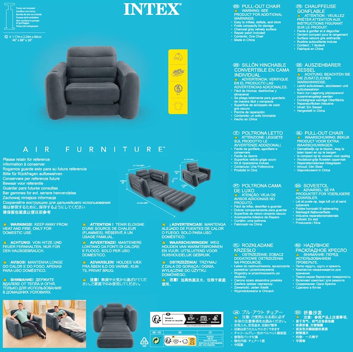 Intex Comfortabele 2-in-1 Loungestoel - Fluweelachtig oppervlak - 117 cm x 224 cm x 66 cm