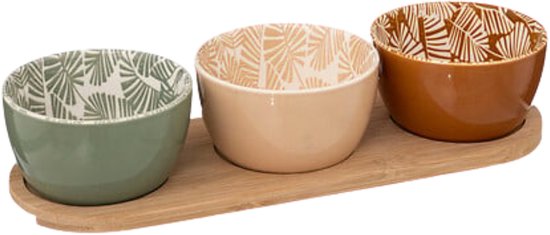 Secret de gourmet Serveerplank voor hapjes / nootjes - 3x schaaltjes - tapas en saus schaaltjes - kleuren mix - hapjes plateau