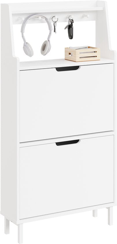 SoBuy Schoenenkast, extra plat 19 cm - opslag tot maat 47 - met haken en open rek voor kleine woning, hal, entree - wit, 60 x 19 x 119 cm, FSR221-W
