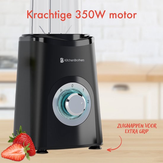KitchenBrothers Smoothieblender – Incl. 4 Bekers & 2 Mesjes – 350 W – 14 x 14 x 30 cm – Zwart