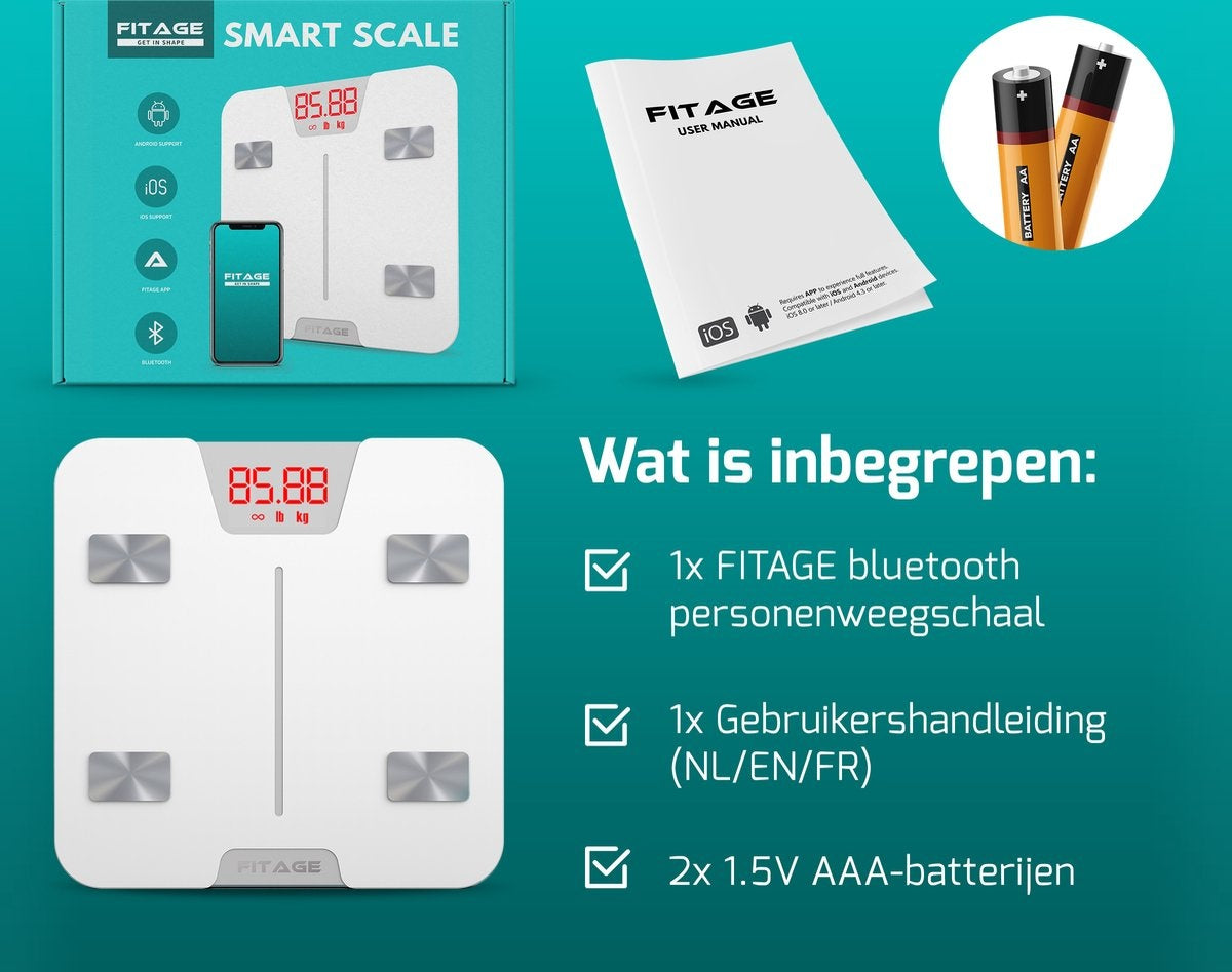 FITAGE Smart Scale met app meet 17 lichaamswaarden - Wit