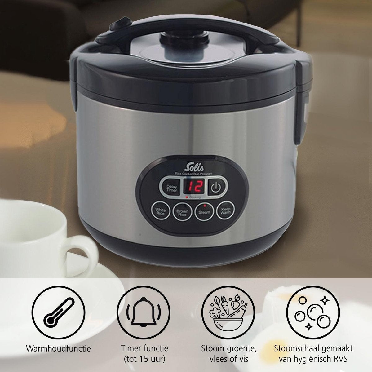 Solis Rice Cooker Duo Programm 817 Rice Cooker met Stomer - Rijstkoker en Stoomkoker - Stoompan - 23 x 23 x 24 cm - Zilver