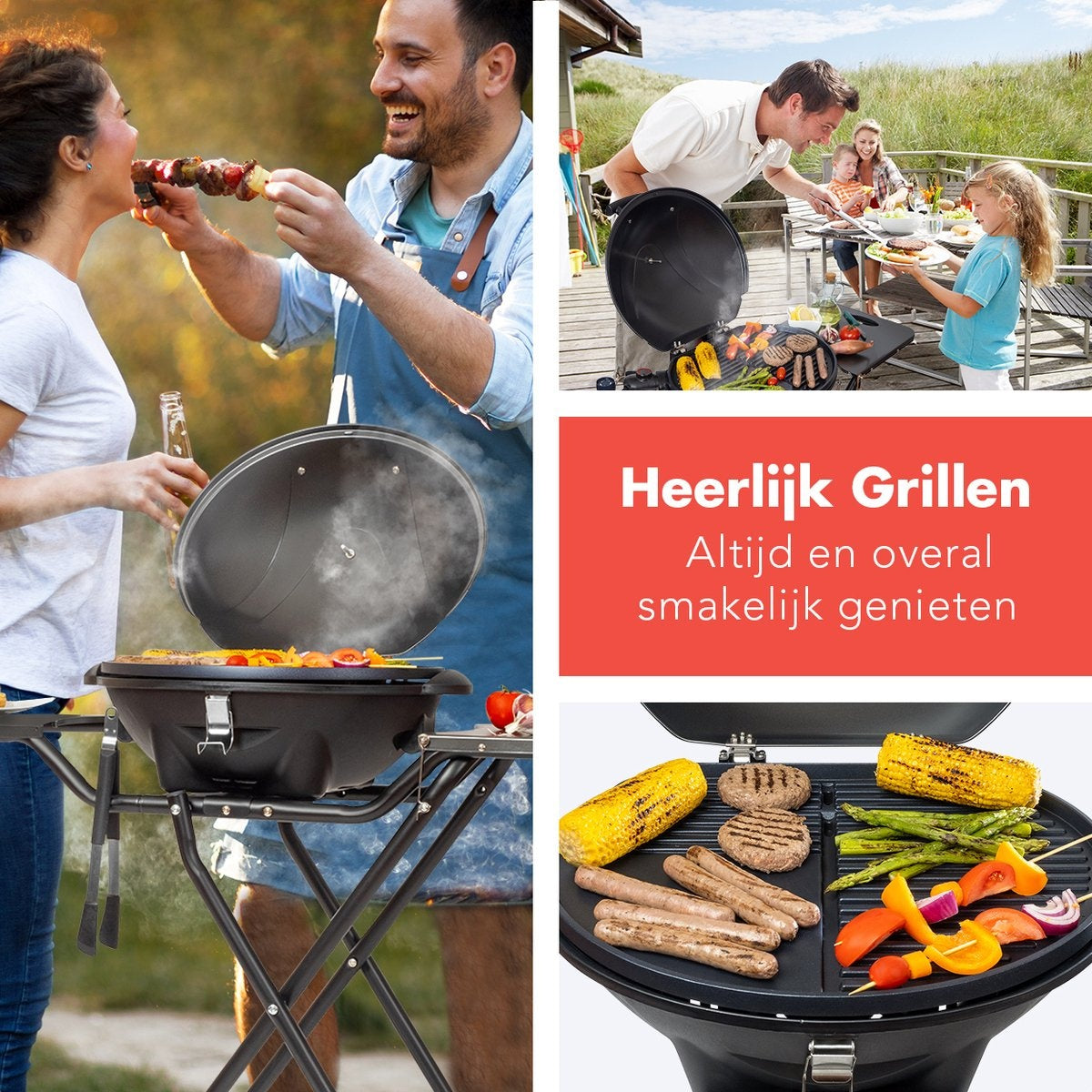 KitchenBrothers Elektrische BBQ - met Wielen - Opvouwbaar - Anti-aanbaklaag - 46,5 x 33,8cm - tot 250°C - 2400W - Zwart