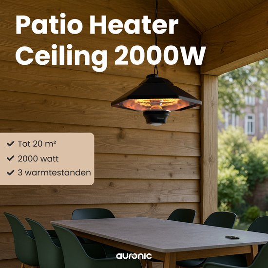 Auronic Terrasverwarmer - Infrarood Verwarming - Hangend - 20m2 - Elektrisch - 2000W - Afstandsbediening - 3 Standen - Zwart