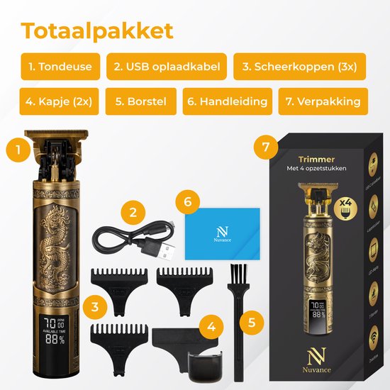 Nuvance - Tondeuse Mannen - LED Display - Incl Opzetstukken - Baardtrimmer en Trimmer Mannen - Usb C Oplaadbaar - Clipper