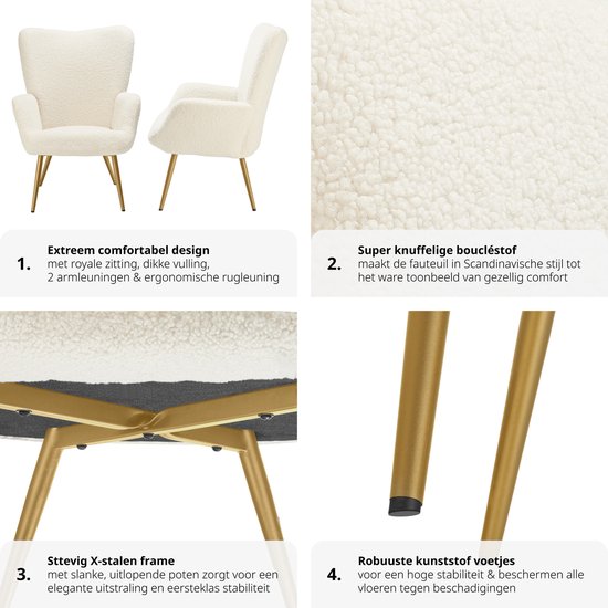 tectake® Oorfauteuil in Scandinavische stijl - Teddystoel Hygge - Stoel voor woonkamer, slaapkamer - Loungefauteuil - Goud metalen poten - Draagvermogen tot 150 kg - Crème