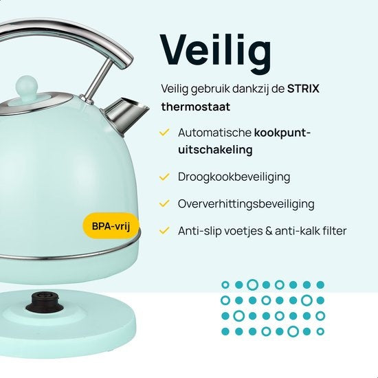 MOA Waterkoker Retro - 1.8L - RVS - BPA vrij - 2200W - 21.30x21.40x28.60 cm - Pastel Groen