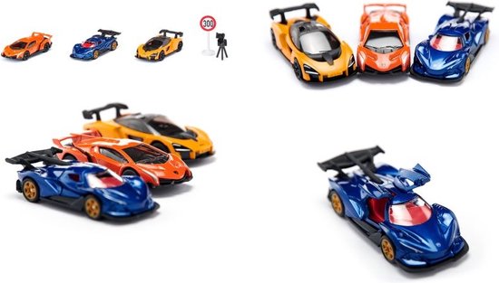 SIKU 6328, Cadeauset Supercars, Lamborghini Veneno, Apollo I.E., McLaren Senna, beweegbare onderdelen, incl. verkeersbord en flitspaal
