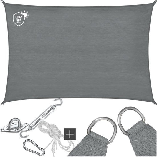 tectake® Rechthoekig Schaduwdoek Sunny - 2 x 3 m - Extra Stevig 185 g/m² HDPE Zonwering Doek - 50+ UV Bescherming - Weerbestendig en Scheurbestendig - Zonnescherm voor Tuin, Balkon, Terras - Zonnedoek inclusief Montagemateriaal - Grijs