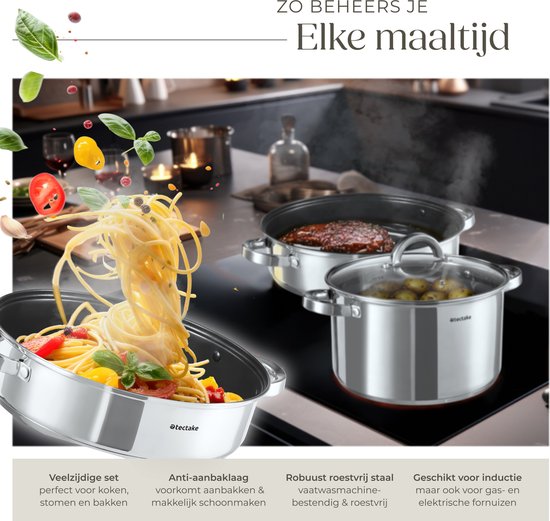 tectake® Pannenset - RVS - Geschikt voor inductie, gas en elektrisch koken - 15-delig - Vaatwasmachinebestendig - Voor thuis of camping - Pannen met deksels