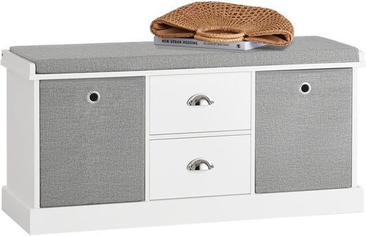 SoBuy FSR66-HG Schoenenbank - Opbergbank - Zitkussen - 2 Laden/2 Manden - 100 x 35 x 50 cm - Wit/Grijs