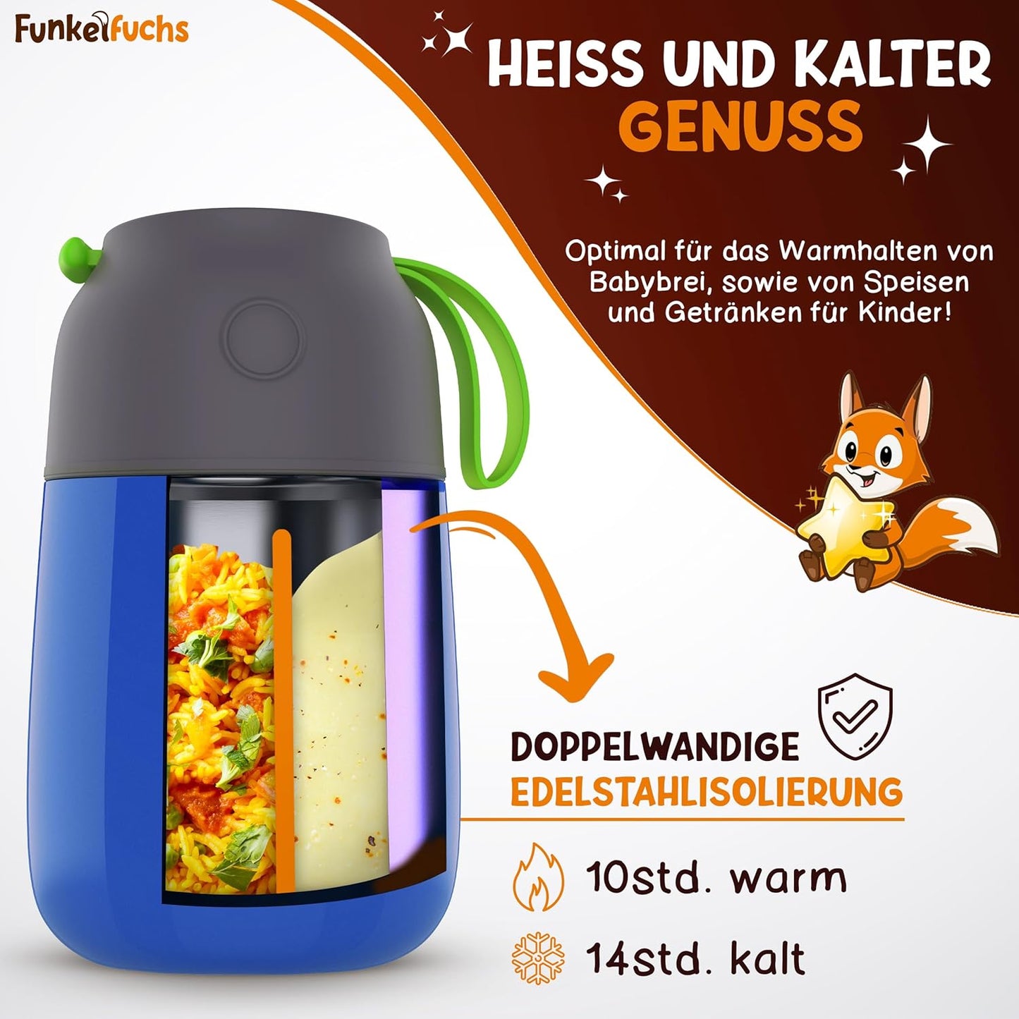 Funkelfuchs Thermobeker voor kinderen RVS - 100% Lekvrij - 500ml - Blauw