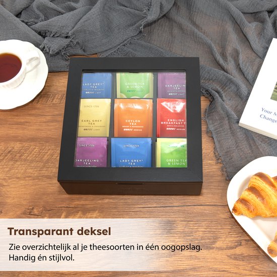 Theedoos - 9 Vakken - Theedoos Hout - Transparant Plexiglas Deksel - Magnetische Sluiting - Luxe Thee Doos - Schuine Vakjes - Bamboe - van Nimma