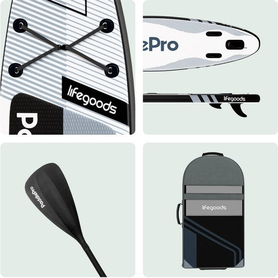 LifeGoods PaddlePro SUP Board Pro - Pro Set - Opblaasbaar Paddle Board - Max. 150KG - 320x81cm - Zwart/Wit