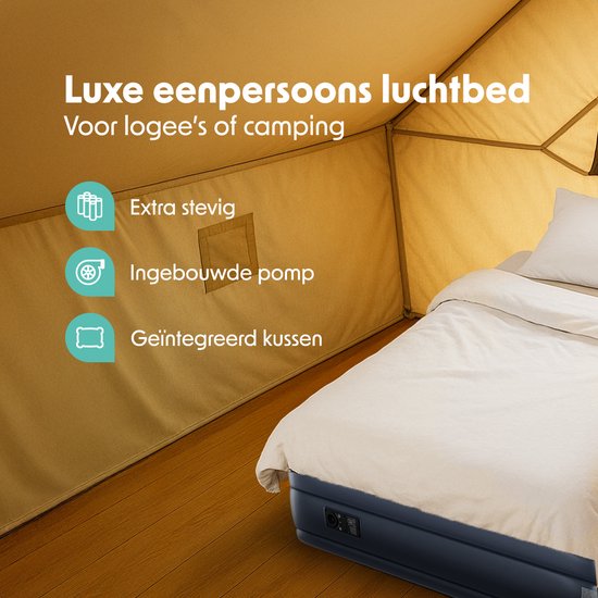 LifeGoods Luchtbed - 1 Persoons - Luchtmatras met Ingebouwde Pomp en Kussen - Opblaasbed - Incl. Draagtas en Reparatiekit - 196x96x47cm - Blauw/Wit