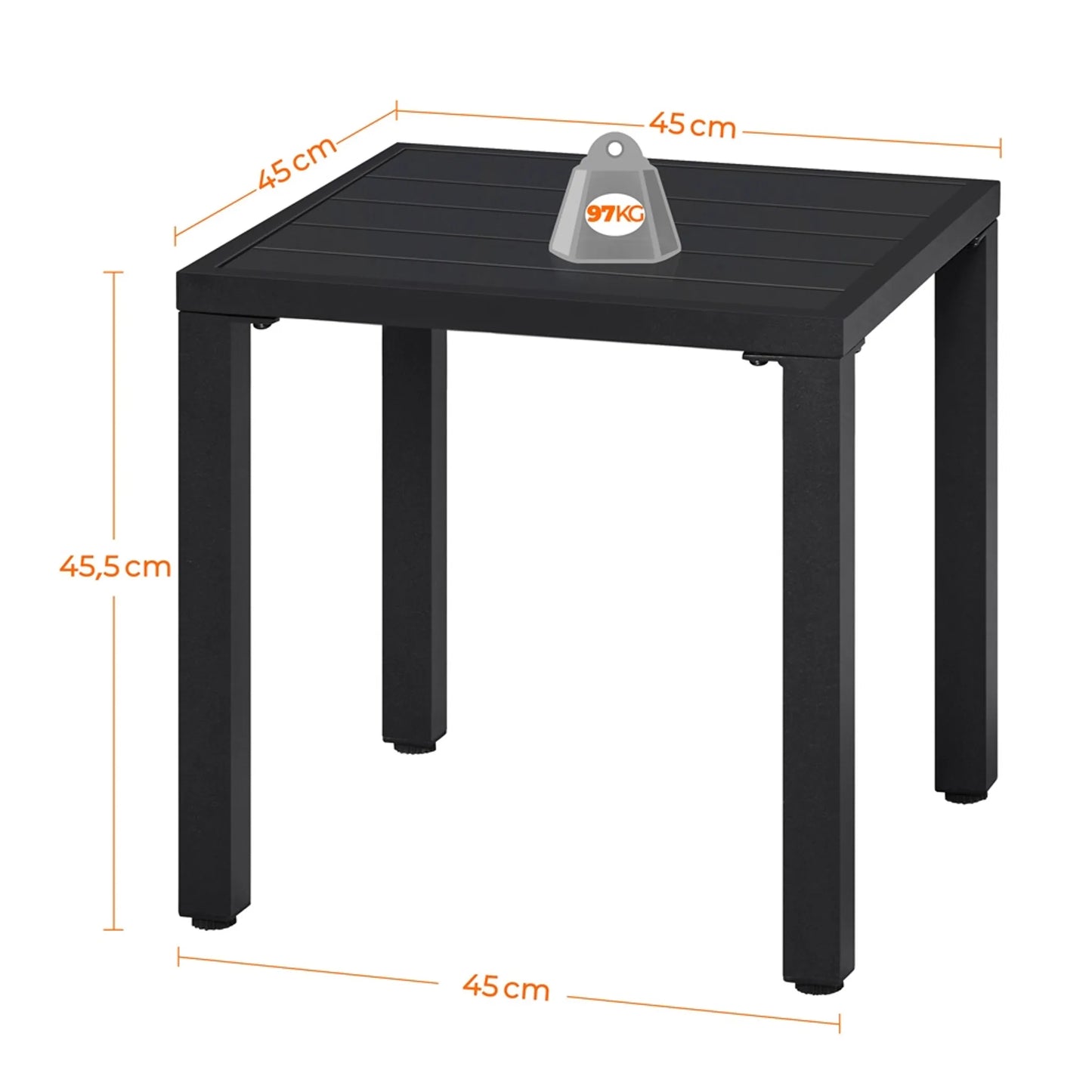 Yaheetech Bijzettafel Buiten Vierkant – Voorzien Van Tafelblad Met Latten En Elektroforetische Poedercoating En Steunbalk – Voor Tuin Balkon En Terras – Zwart Metaal – 45 x 45 x 45,5 cm