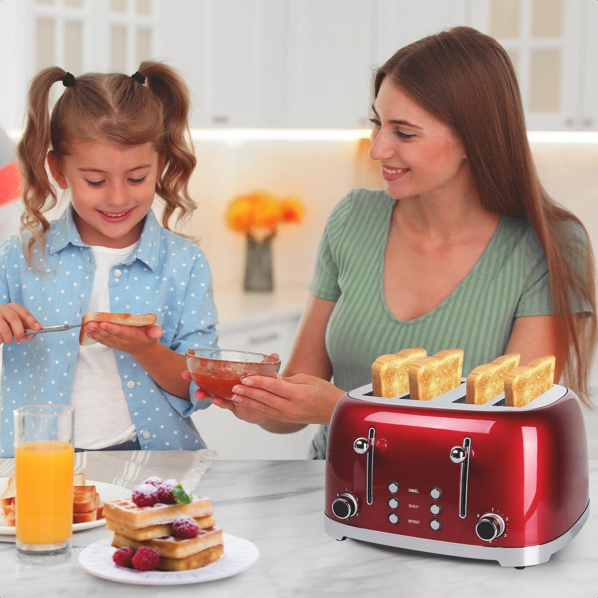 KitchenBrothers Retro Broodrooster - 6 Warmteniveaus - 4 Extra Brede Sleuven - 1630W - Reheat en Ontdooi-functie - Rood