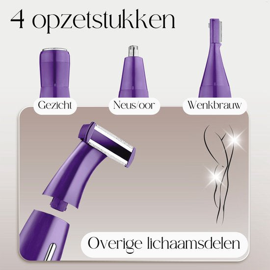4-in-1 Bikinitrimmer - Sansbeauté® - Gezicht - Oksels - Benen - Bikinilijn - Wenkbrauw Trimmer - Gezichtsontharing Dames - Intieme Zone - Ladyshaves Bikini - Ontharingsapparaat Electrisch