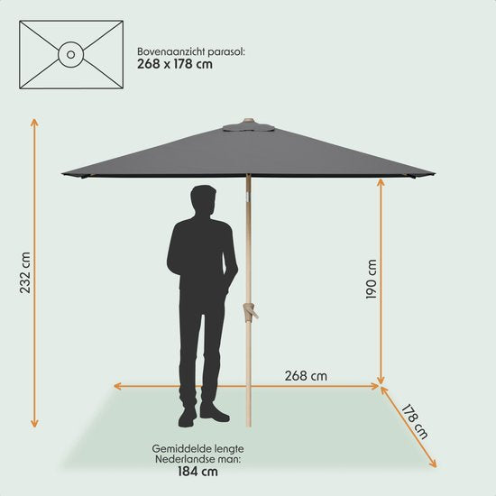 LifeGoods Parasol - Tuin - 270x180cm - 30° Kantelbaar - Waterdicht - UPF50+ - Houtkleurige coating - Donkergrijs