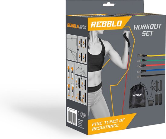 Rebblo - Home Workout Set – 10-delig – Weerstandsbanden – Enkelbanden – Handvaten – Deuranker – Fitness Set Incl. Opbergtas - 2/3/4/5/6 kg
