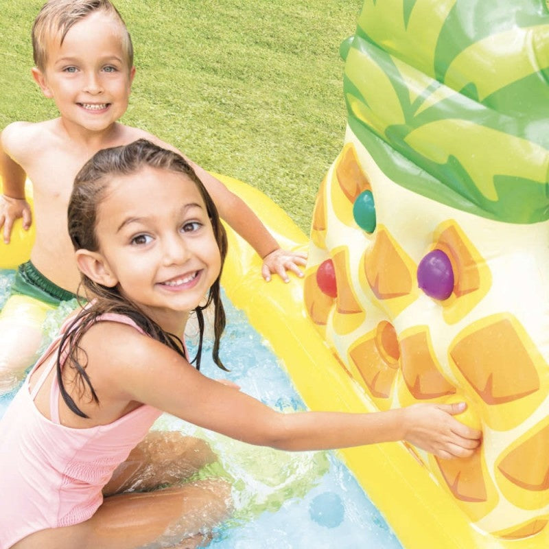 Intex Opblaasbaar Kinderzwembad - Met Glijbaan - Fruit - 244 x 191 x 91 cm + + INCL. Free And Easy Zwembadtegels Foam Blauw 9 Stuks