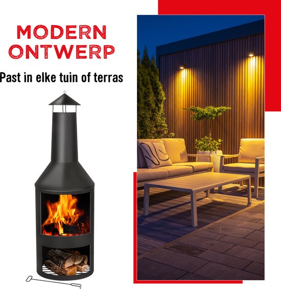 BBQ Collection Buitenhaard met Schoorsteen - Tuinhaard 134 x 44,5 x 44,5 cm - Terrashaard voor Brandhout - Terraskachel met As-Opvangbak, Pook en Houtopslag - Tuin en Terras - Carbon Staal