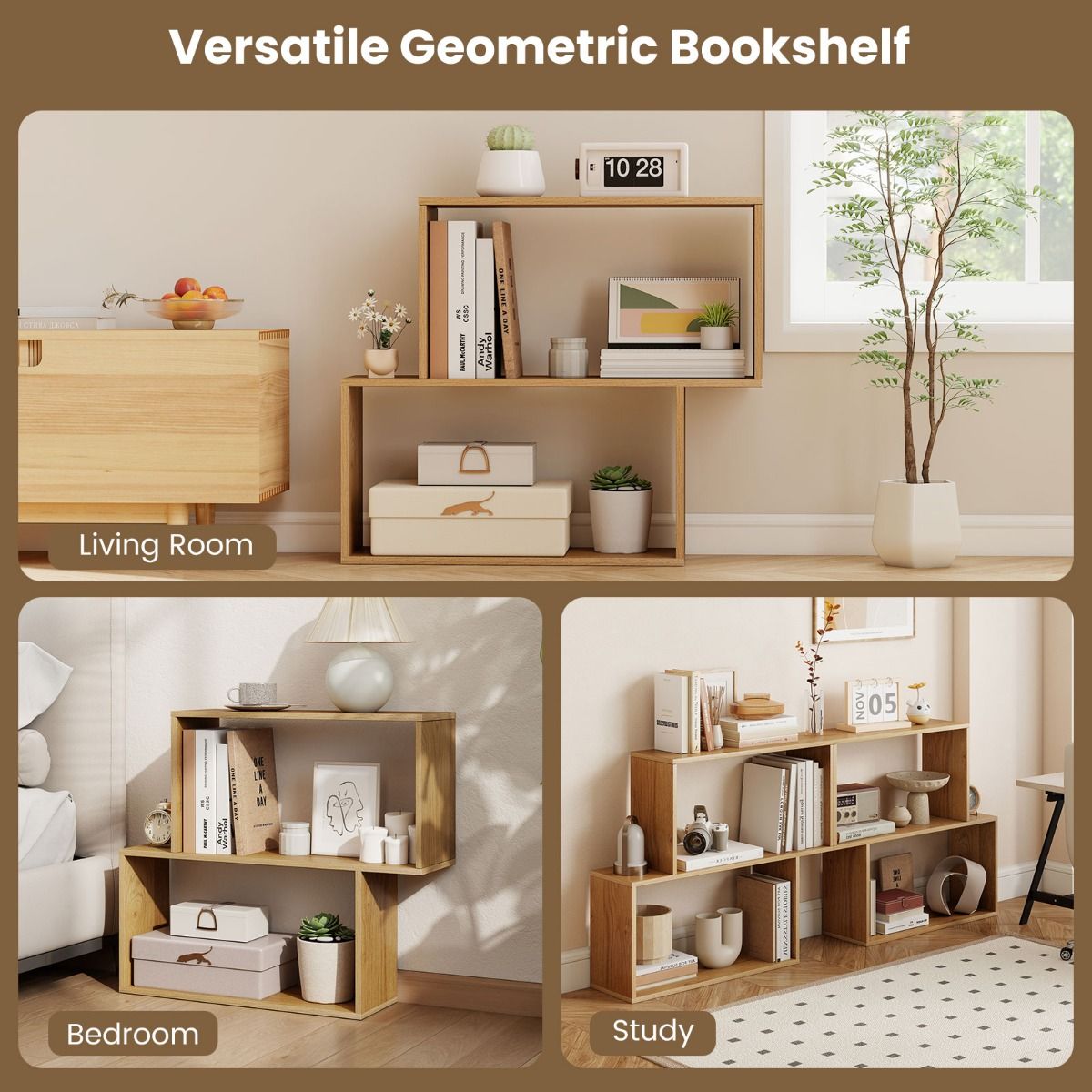 Coast Boekenrek - 3-laags geometrisch ontwerp - 2 kubusvormige vakken - naturel hout