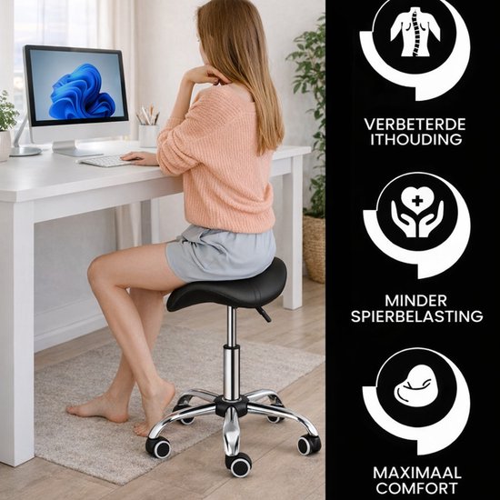 Bayt Zadelkruk - Zadelstoel - Kapperskruk - Zadelkruk op wielen - Tabouret - In hoogte verstelbaar - Zwart